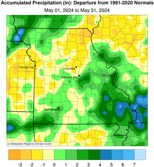 Accumulated Precipitation (in): Departure from 1991-2020 Normals - May 01, 2024 to May 31, 2024